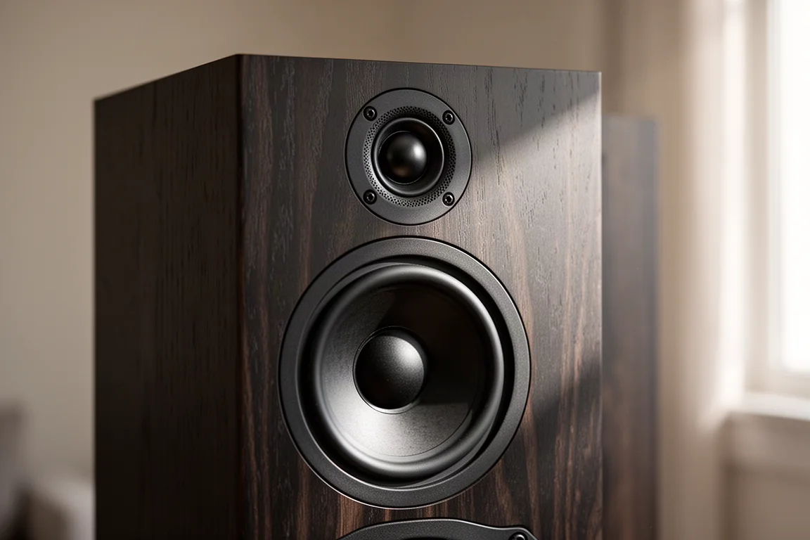 Close-up of a tower speaker baffle showing a dome tweeter above a midrange driver