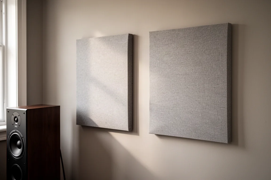 Fabric acoustic panels mounted on a side wall beside a floorstanding speaker