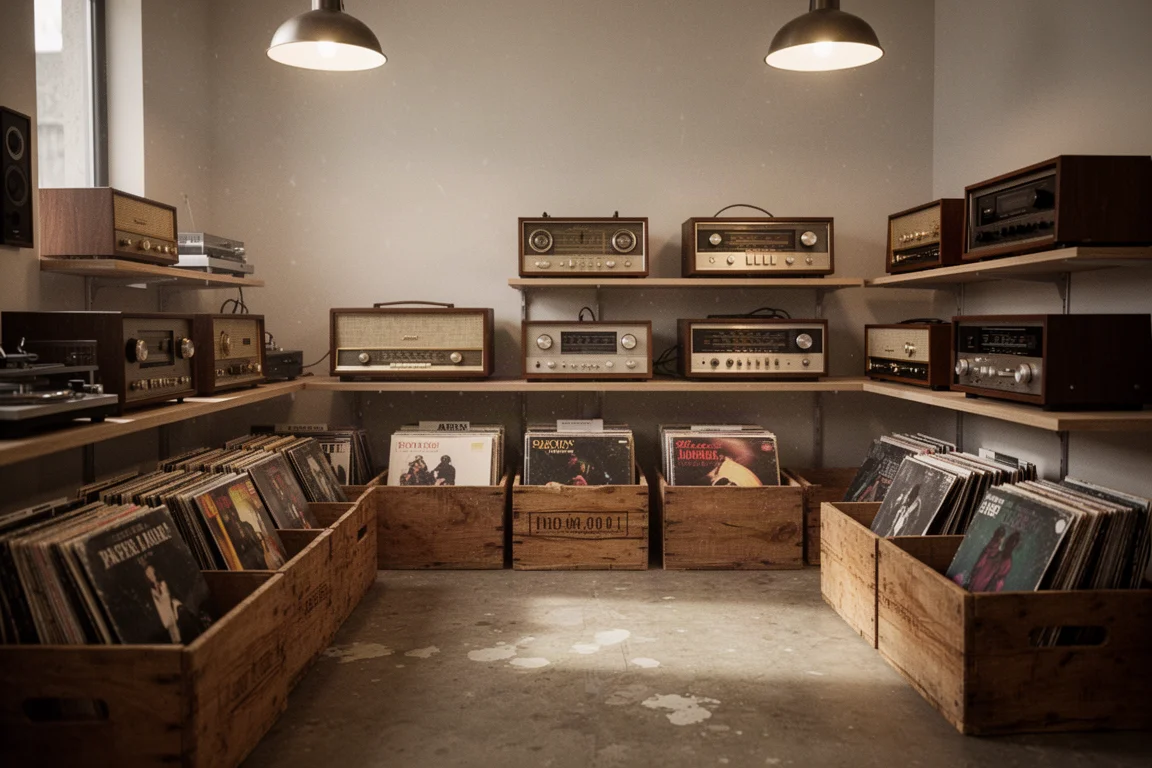 Used audio shop interior with crates of vinyl records and vintage stereo amplifiers on shelves
