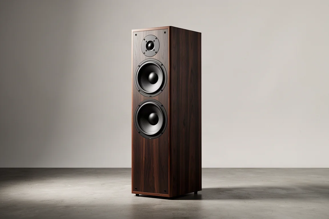 Dark wood-grain three-way floorstanding tower speaker on a concrete floor against a neutral backdrop