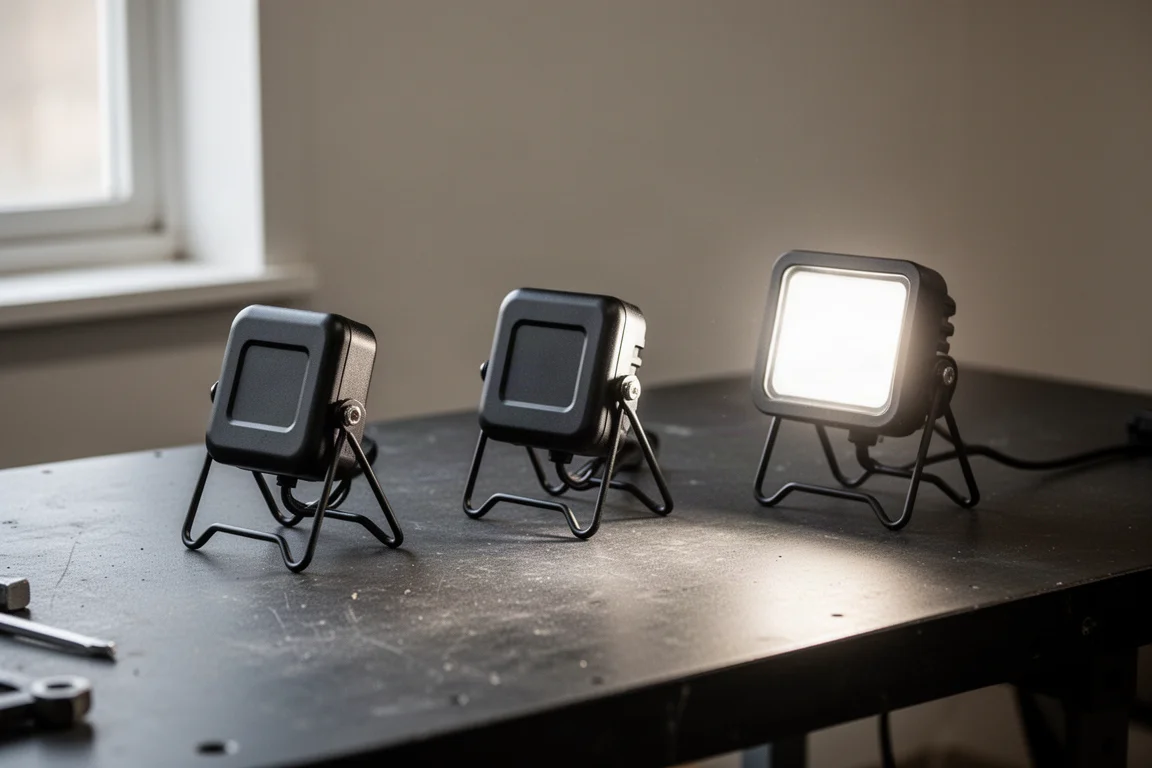 Three work lights lined up on a workbench with one light switched on