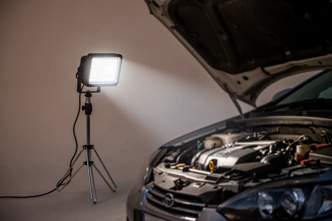 Work light on its folding stand lighting up a car engine bay