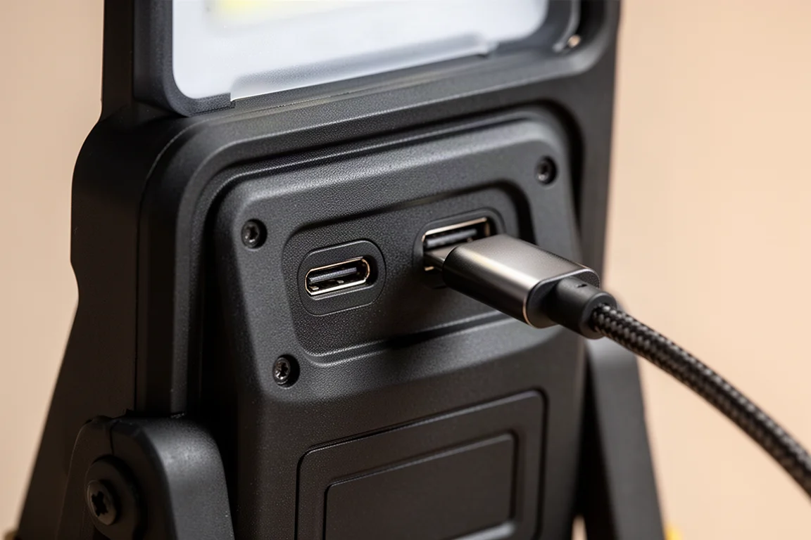 Close-up of USB-C ports on the back of a work light