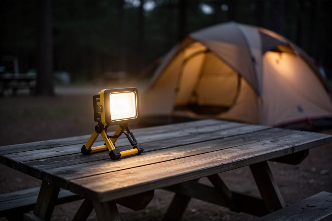 Camping scene at night with a warm glow from a work light on a table