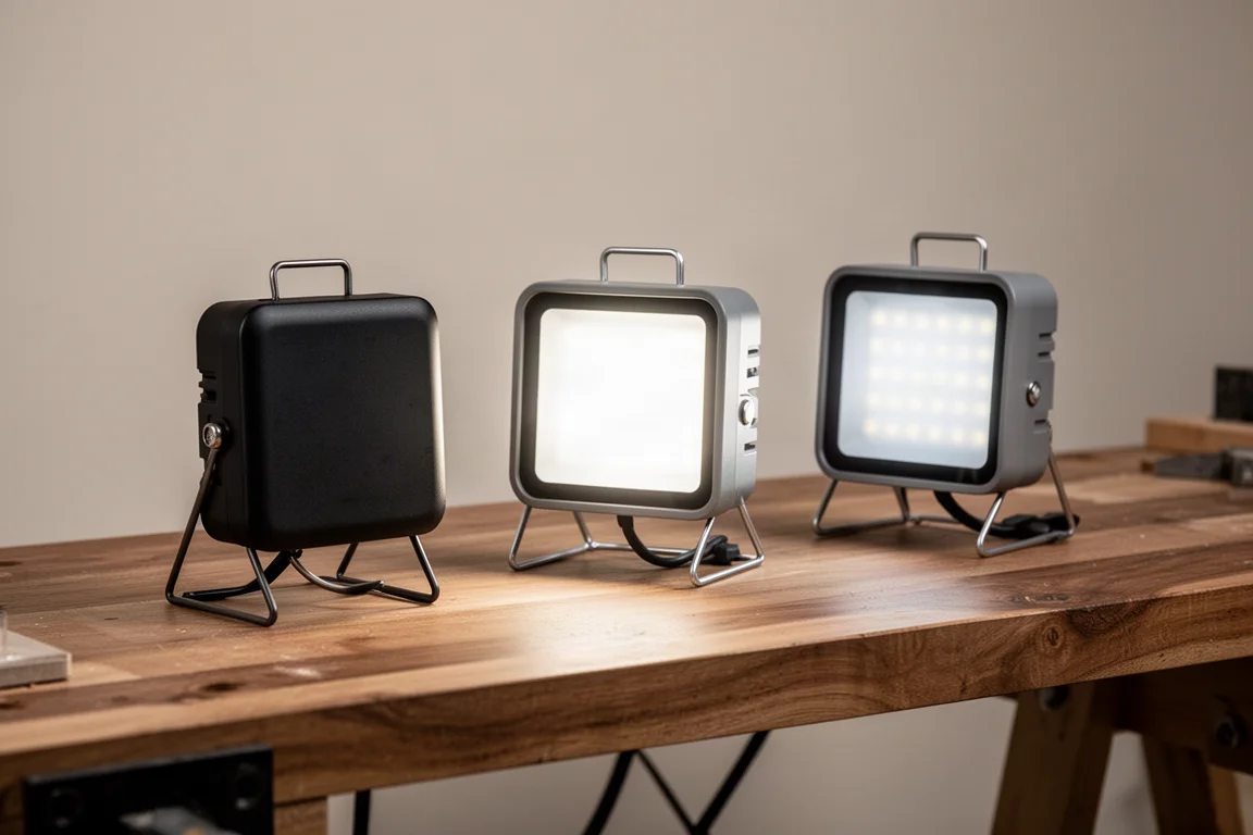 Three Infinity X1 work lights on a workbench with one light switched on