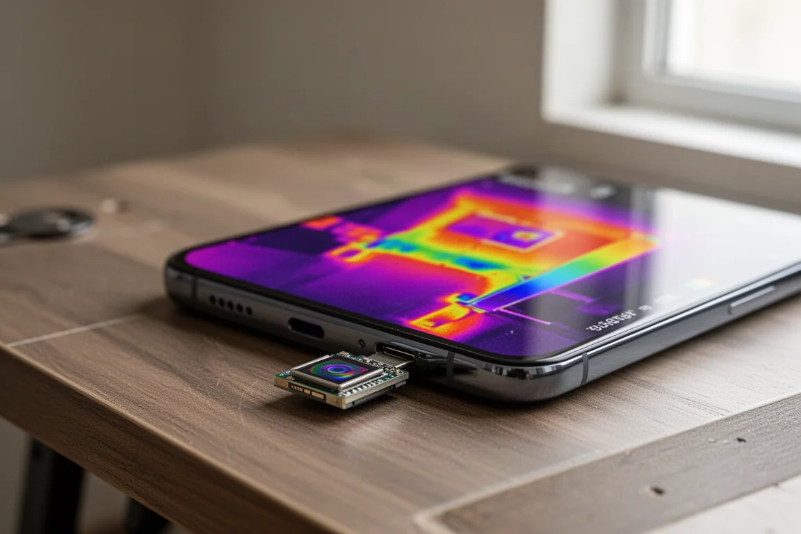 Small USB-C thermal camera module plugged into the bottom of a smartphone
