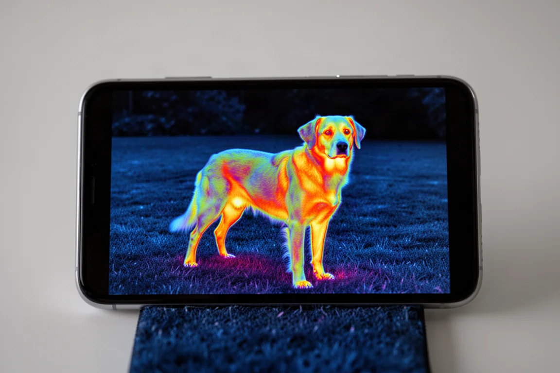 Thermal view of a dog outdoors at night showing warm and cold spots on its body