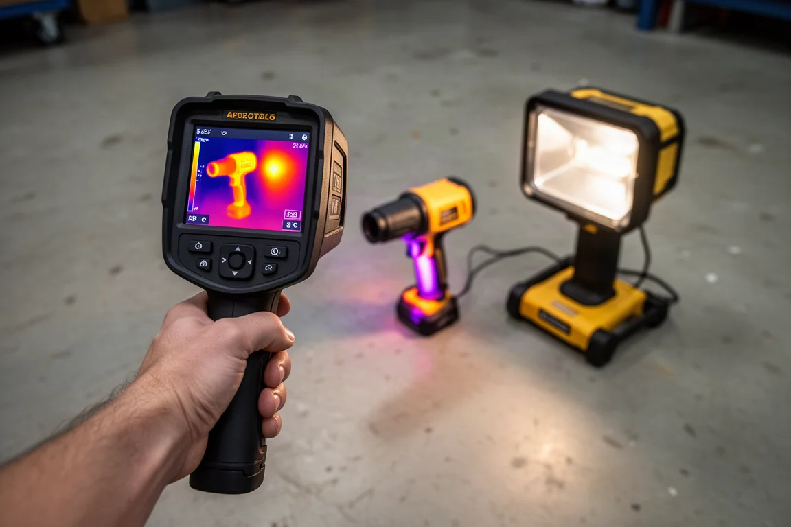 Handheld thermal camera pointed at a running heat gun on a workbench