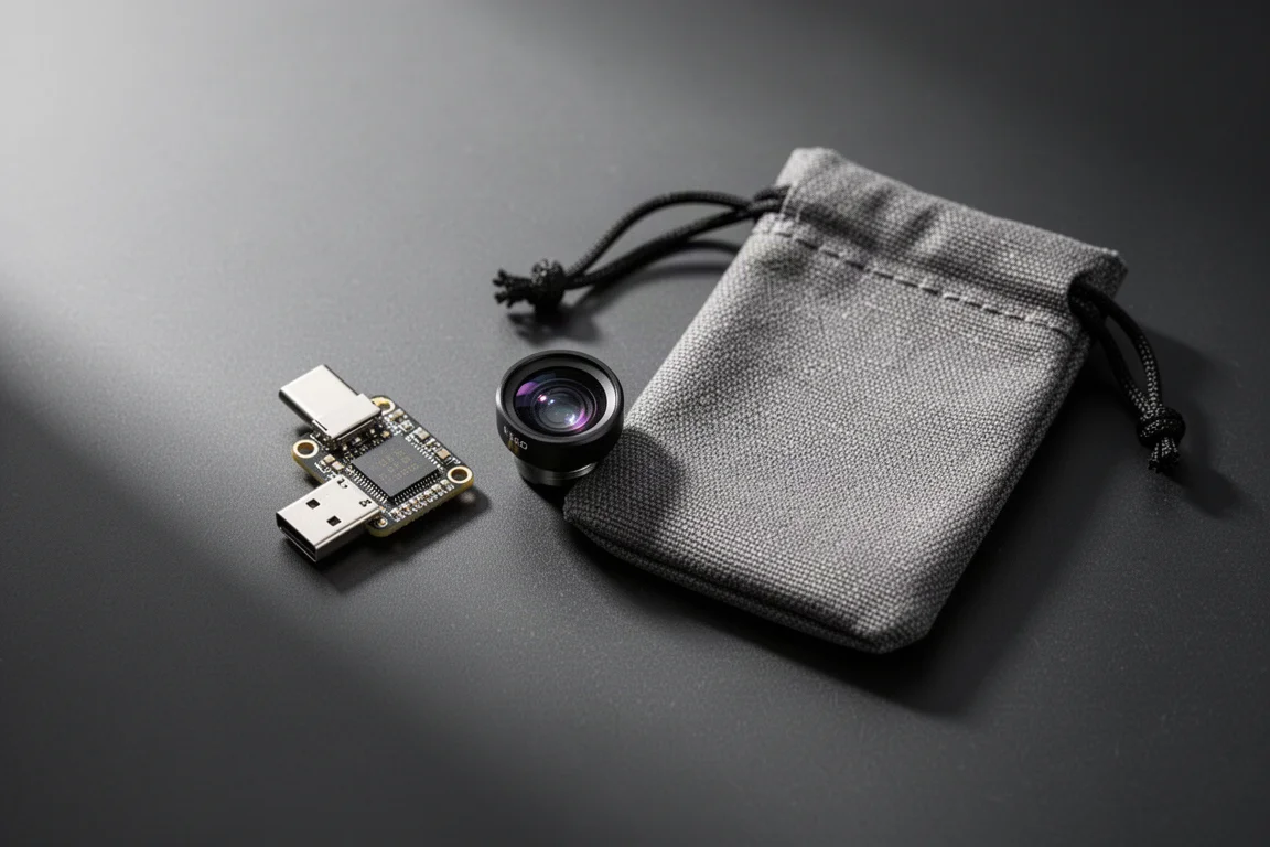 Thermal camera module with a small magnetic zoom lens resting on a pouch on a workbench