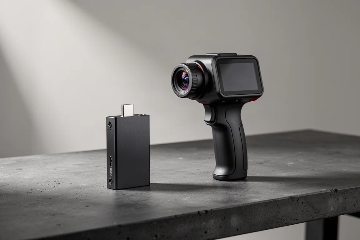 InfiRay P2 Pro module and Hikmicro B20 handheld thermal camera on a concrete workbench