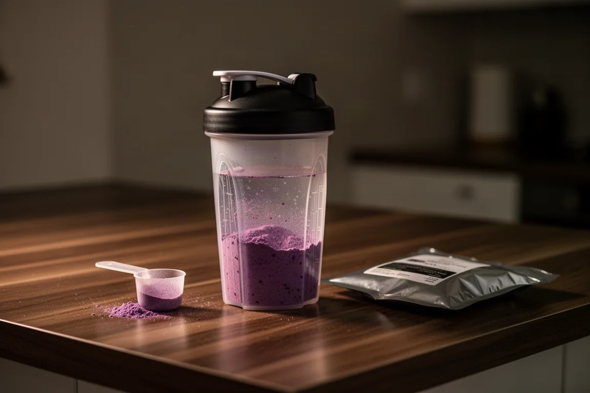 Magnesium-Drinkpulver wird in einer abgedunkelten Abendküche in einer Shaker-Flasche angerührt