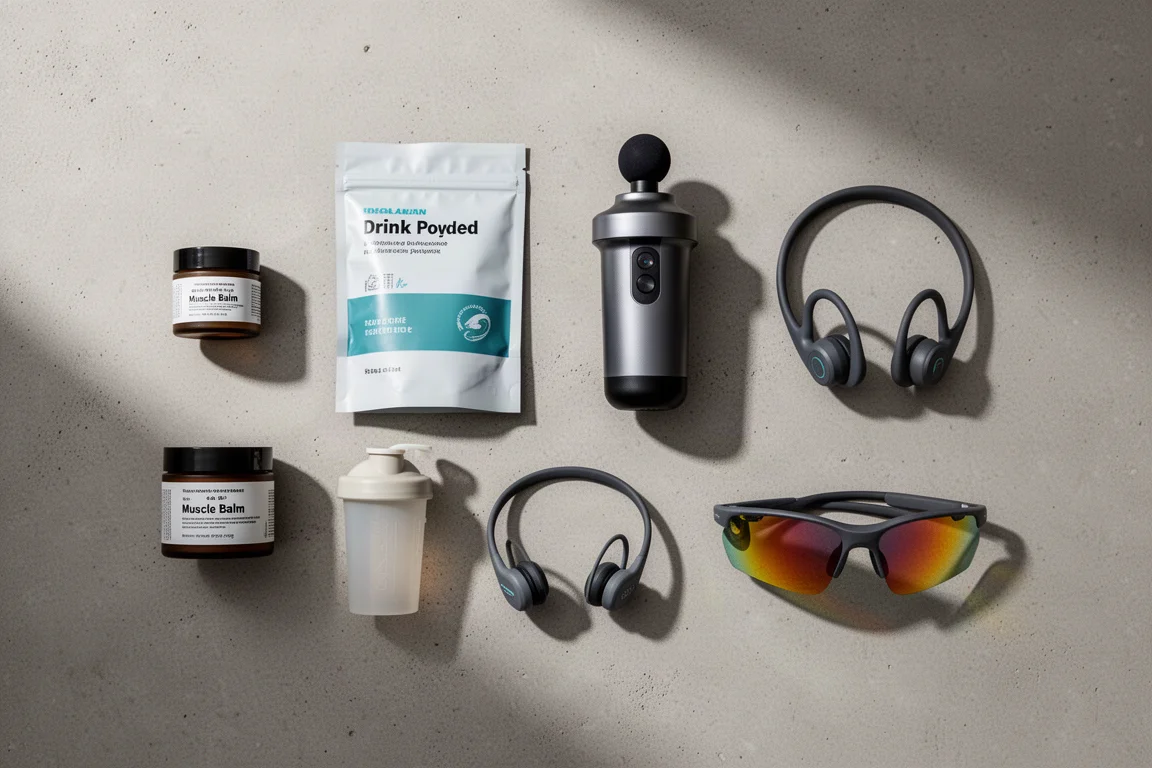 Flat-lay of five running products including massage gun, headphones and sunglasses on concrete