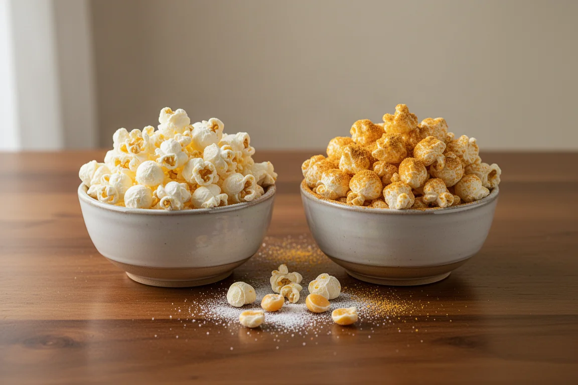 Zwei Schüsseln mit White-Cheddar-Popcorn nebeneinander auf einem Holztisch