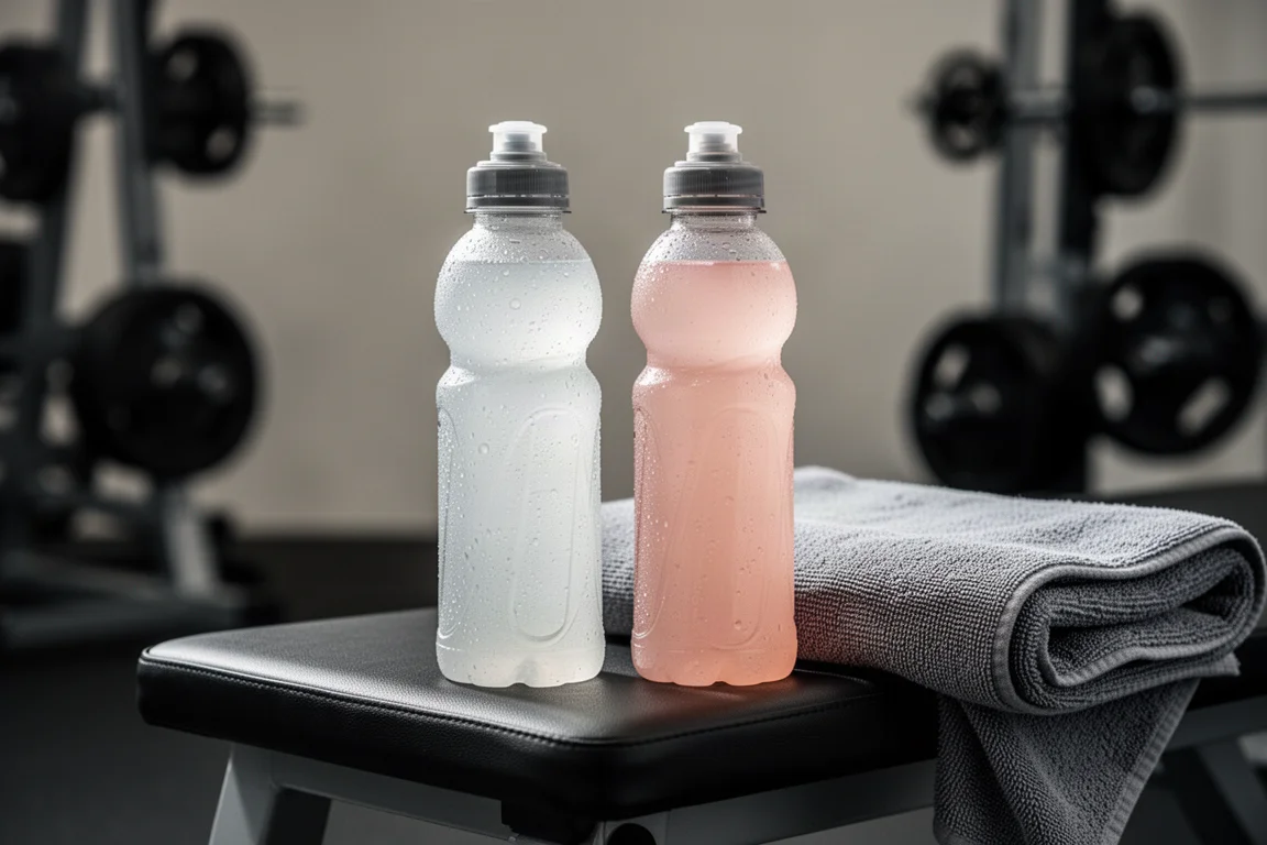Sportgetränkeflaschen auf einer Fitnessstudio-Bank neben einem Handtuch