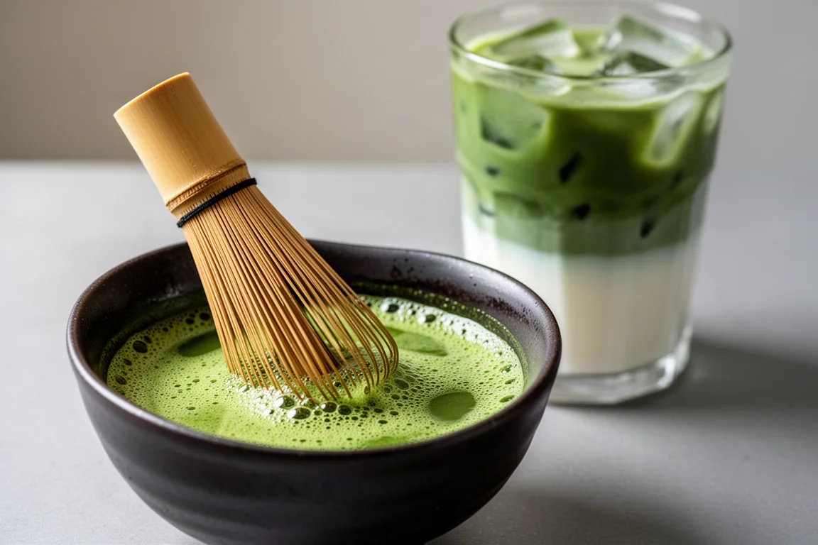 Matcha wird in einer Keramikschale mit einem Bambusbesen aufgeschlagen