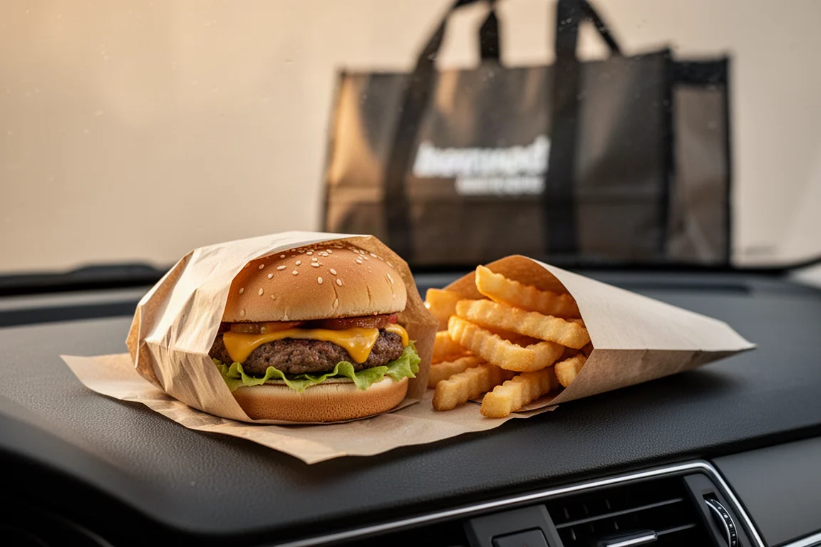 Eingewickelter Burger und Pommes in Papierverpackung auf einem Autoarmaturenbrett