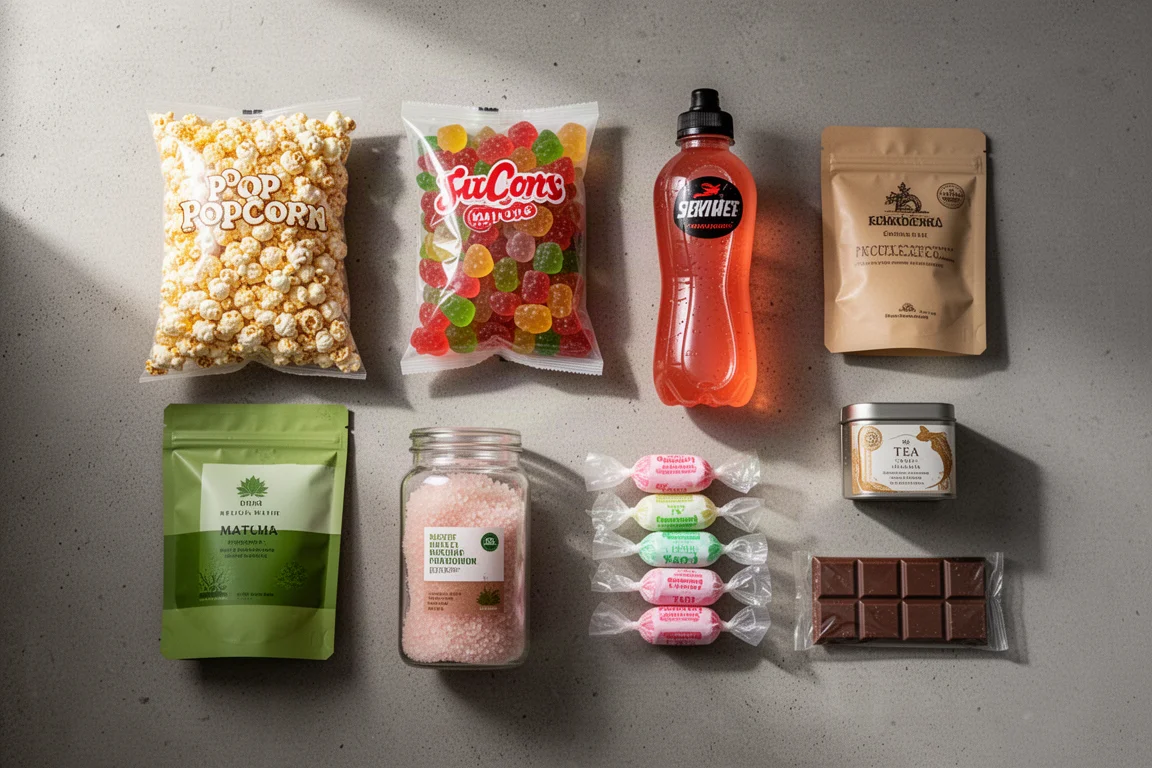 Assorted influencer snack and drink products arranged on a concrete surface