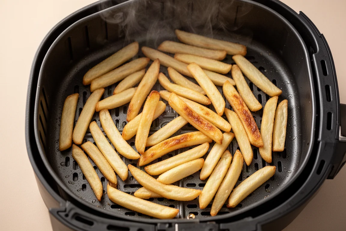 Tiefkühlpommes gleichmäßig verteilt im Frittierkorb, goldgelb und knusprig nach dem Garen