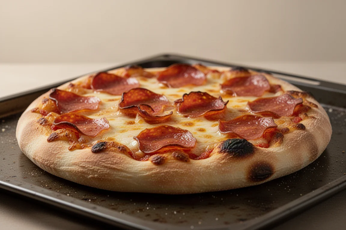 Hausgemachte Pizza mit geschmolzenem Käse und knuspriger Salami auf dunkler Backfläche