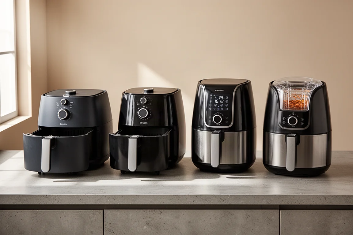 Four air fryers, two wide and two narrow, lined up on a kitchen counter