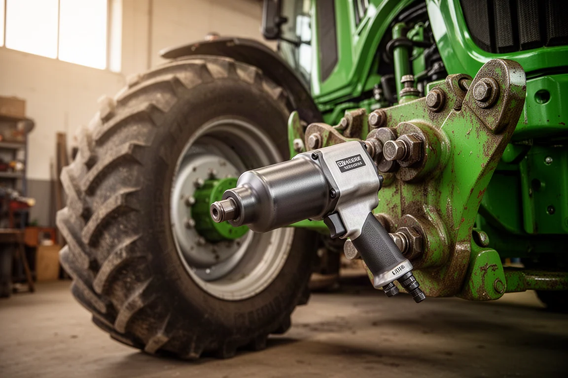 Llave de impacto de servicio pesado apretando pernos grandes en el eje de un tractor