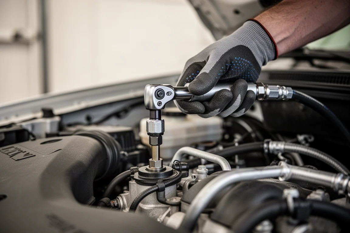 Mechaniker löst eine Schraube mit einem kompakten pneumatischen Winkelwerkzeug im Motorraum