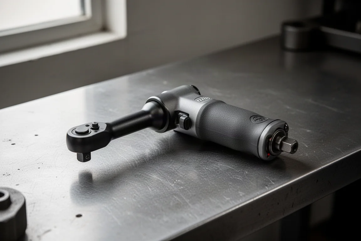 Compact pneumatic right-angle impact ratchet wrench on a brushed steel workbench