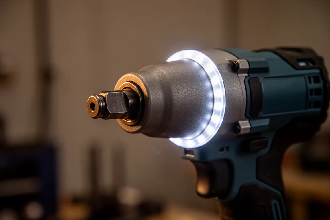 Primer plano de la luz frontal en anillo de una llave de impacto brillando en un taller con poca luz