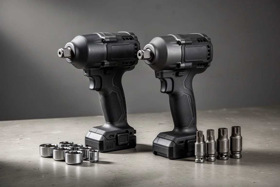 Two Ingersoll Rand cordless impact wrenches with shallow sockets on a concrete surface