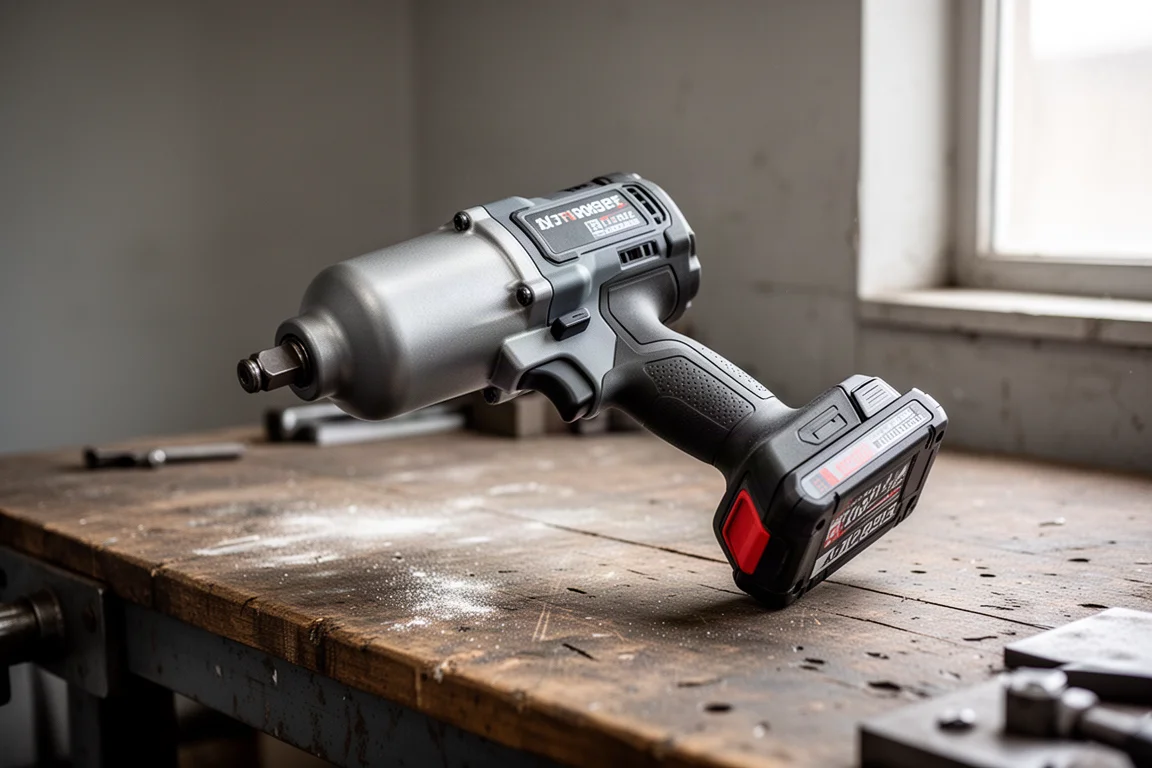 Stevige impact wrench rustend op een werkbank in zacht licht