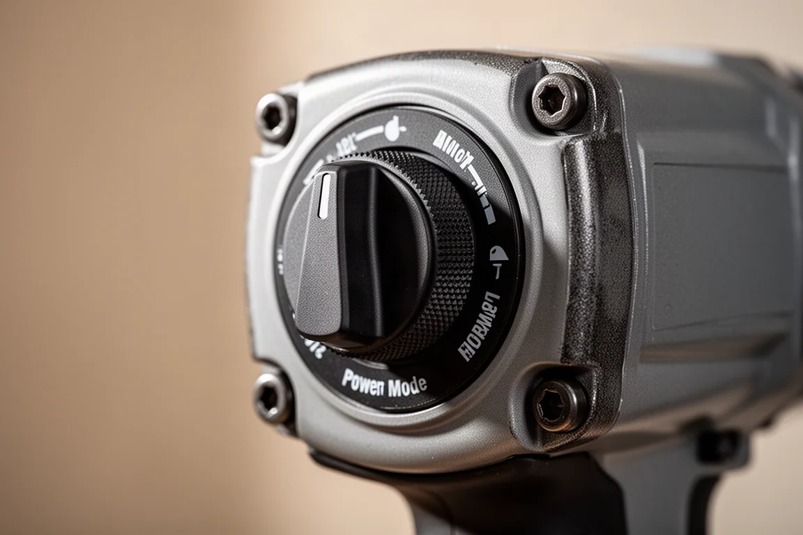Close-up van een getextureerde vermogensstandenhendel aan de achterkant van een impact wrench