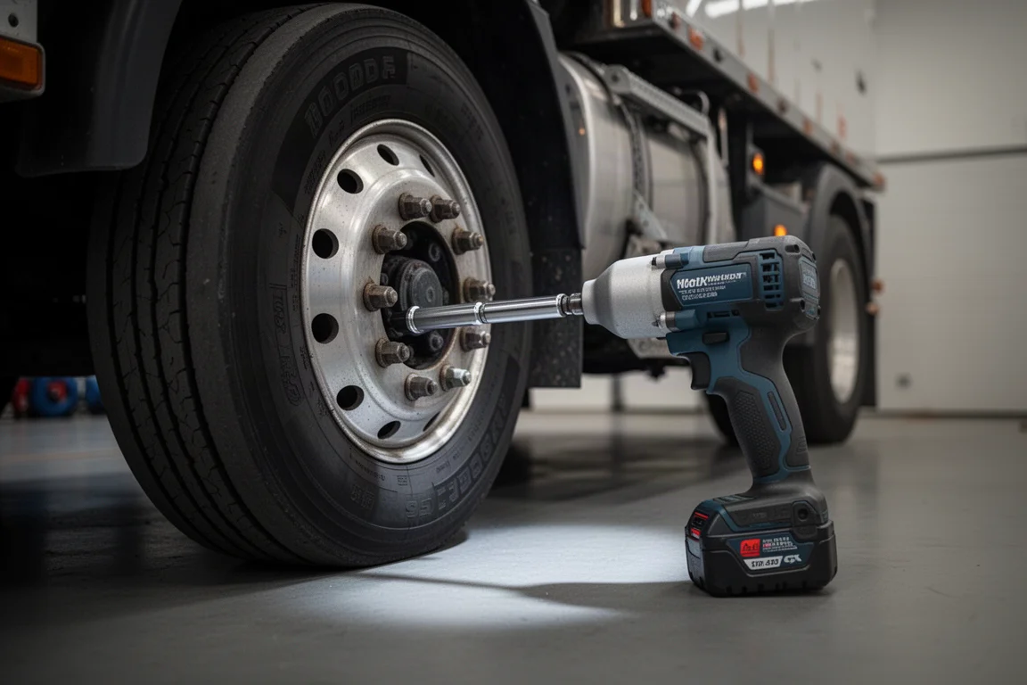 Impact wrench die een grote dop op een truckwiel draait in een donkere garage