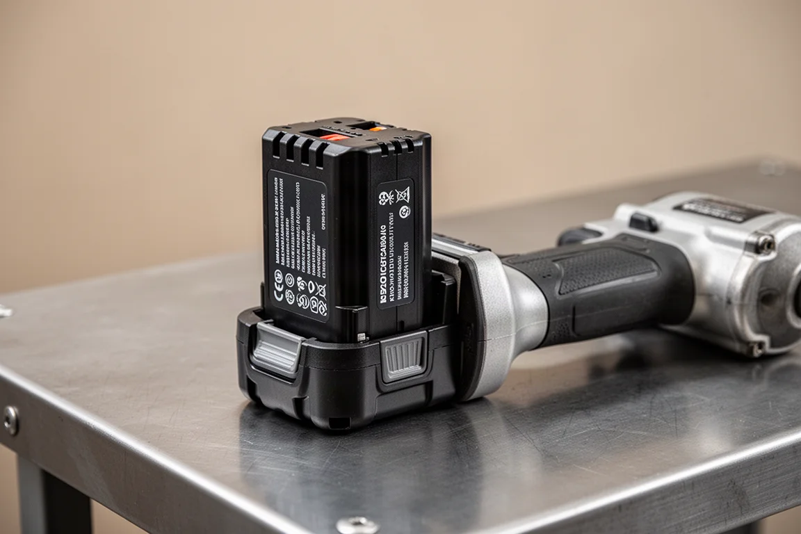 Zware accupack dat op de handgreep van een impact wrench wordt geschoven