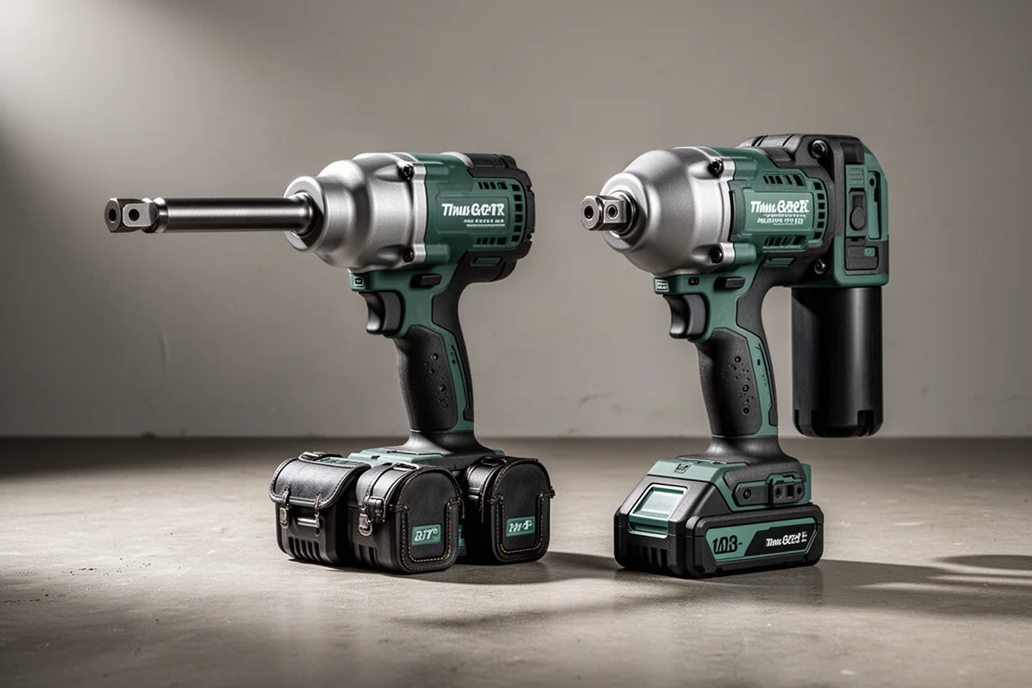 Two large cordless 1-inch impact wrenches side by side on a concrete workshop floor