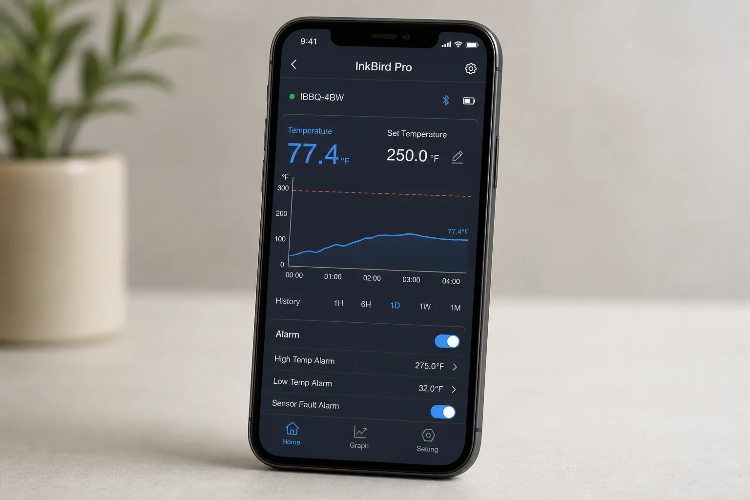 智慧型手機顯示 InkBird Pro App，呈現溫度曲線圖與設定介面