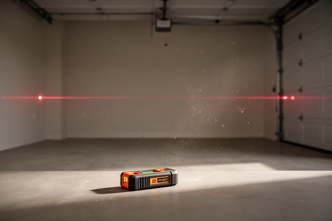 Dwustronny laserowy dalmierz wysyłający dwie wiązki na przeciwległe ściany garażu