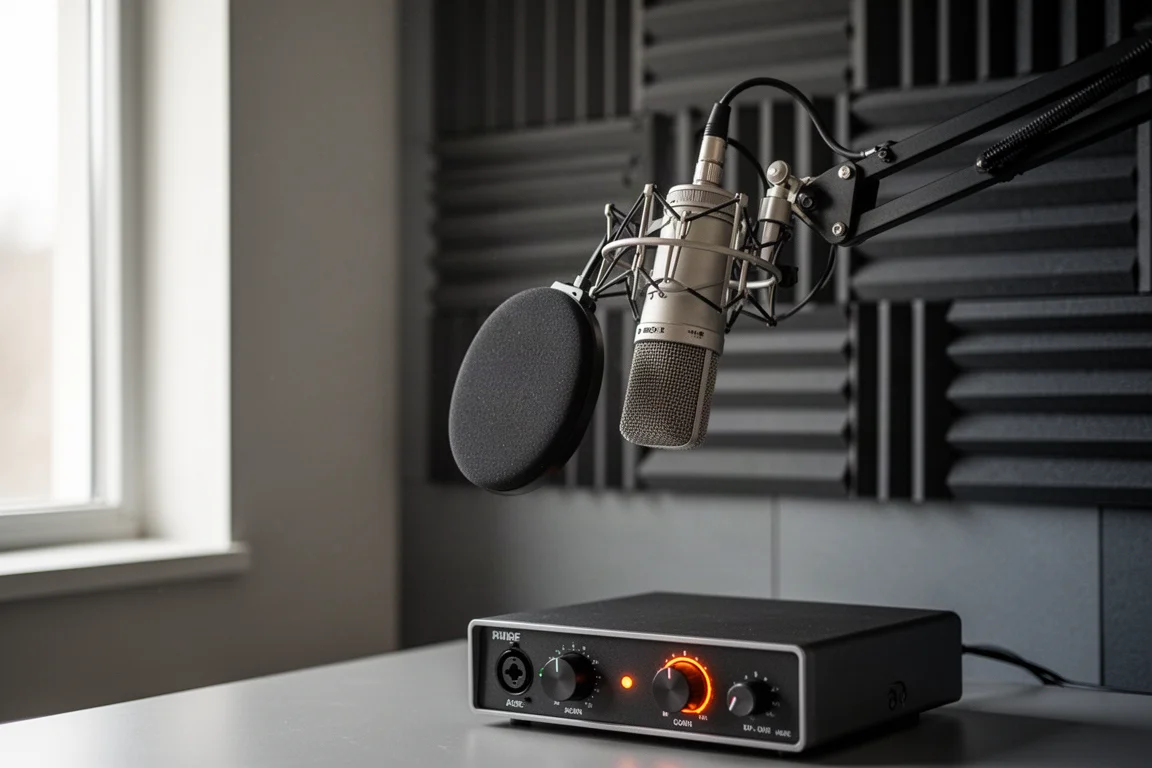 Desktop recording setup with a dynamic broadcast microphone on a boom arm and an audio interface