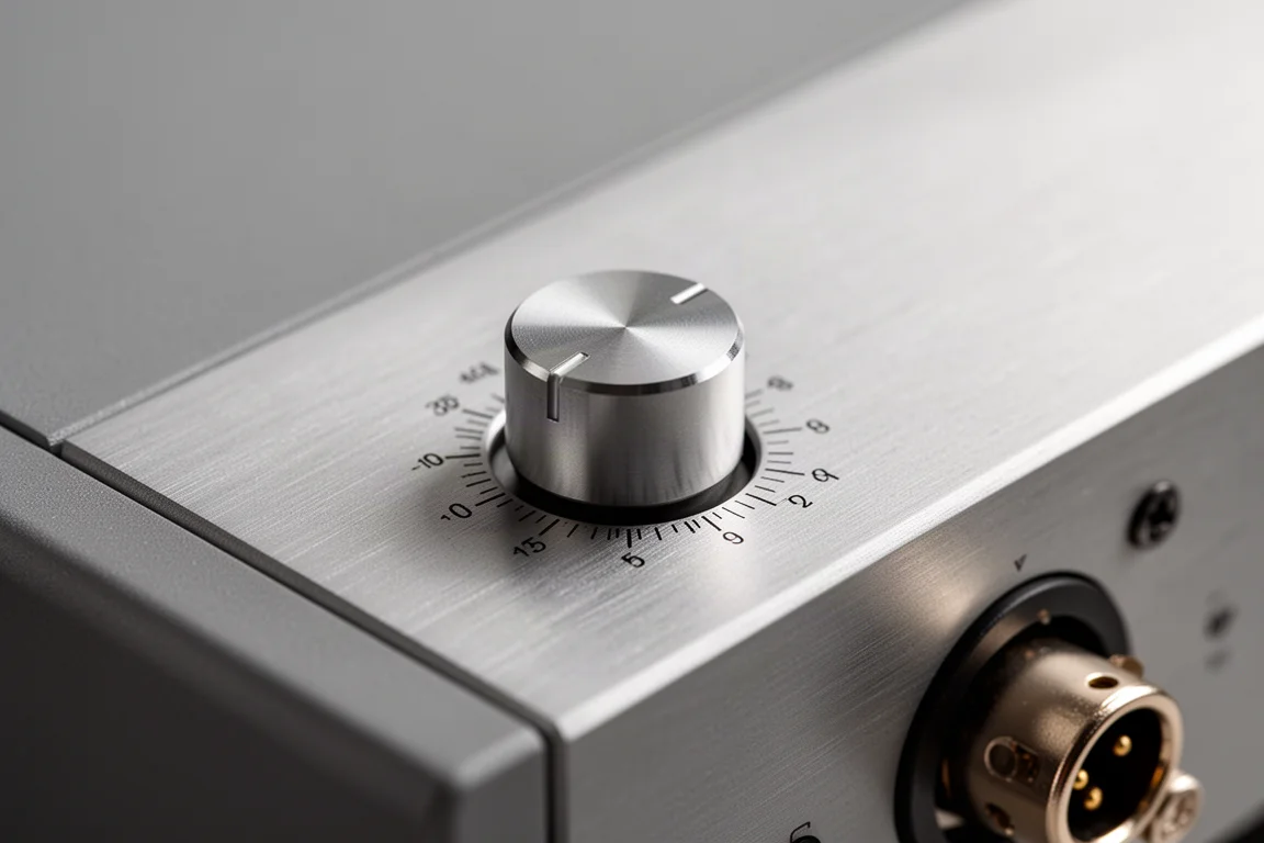 Macro detail of a rotary gain knob with engraved scale marks on a brushed metal audio chassis