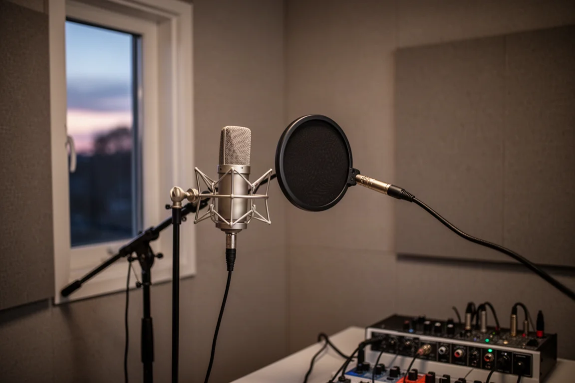 Microphone on a stand behind a pop filter in a softly lit treated recording room
