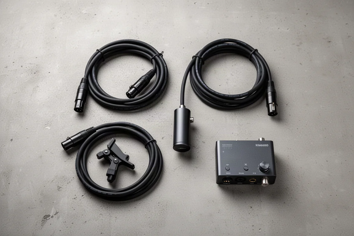 Overhead flat-lay of XLR cables, an inline preamp, a mic clip, and an audio interface on concrete