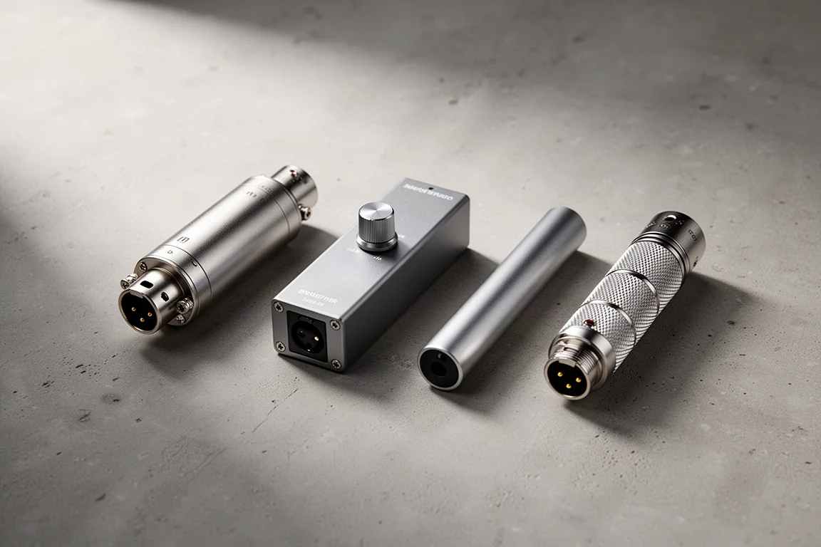 Four inline microphone preamps arranged in a row on a matte concrete surface