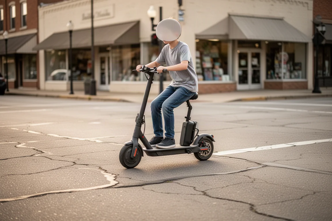 Rider on a seated electric scooter crossing a small-town intersection