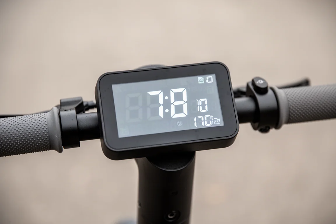 Large scooter display screen showing speed and battery readouts