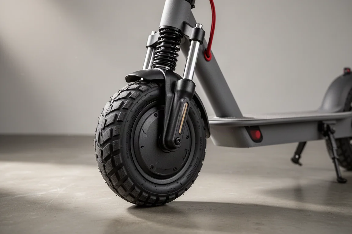 Close-up of scooter front suspension fork and 10-inch pneumatic tire