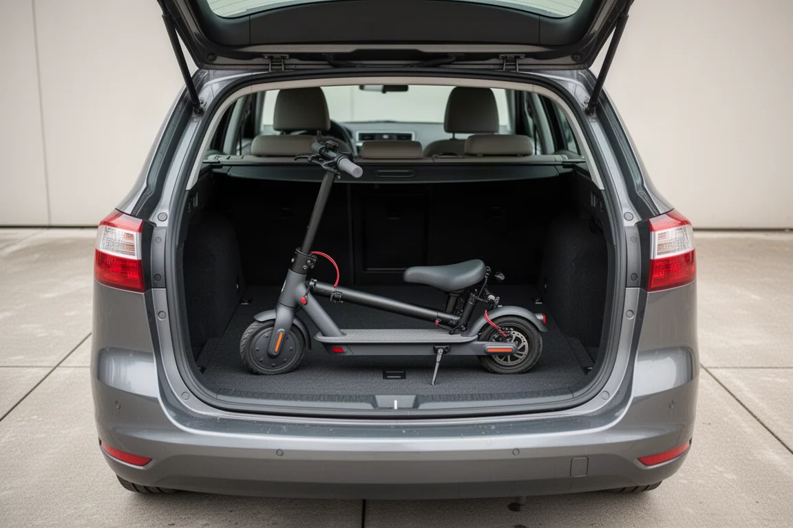 Folded seated electric scooter stored in a car trunk