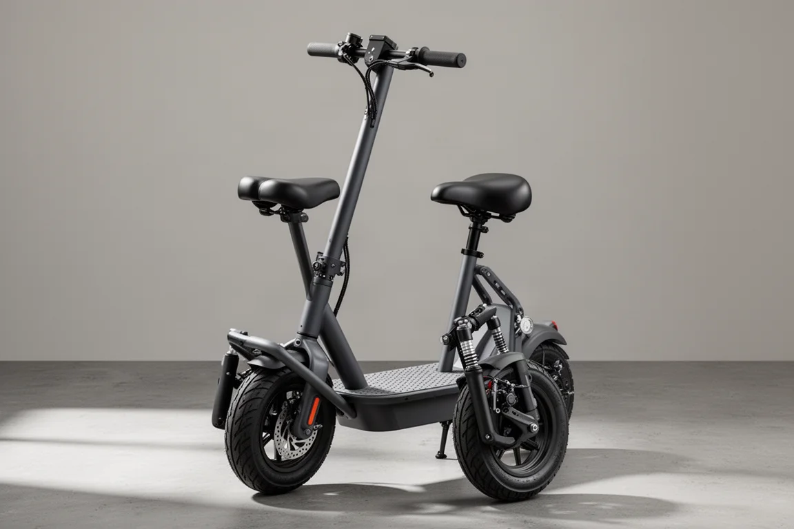 Inmotion M4 Pro S+ seated electric scooter photographed at a three-quarter angle on concrete