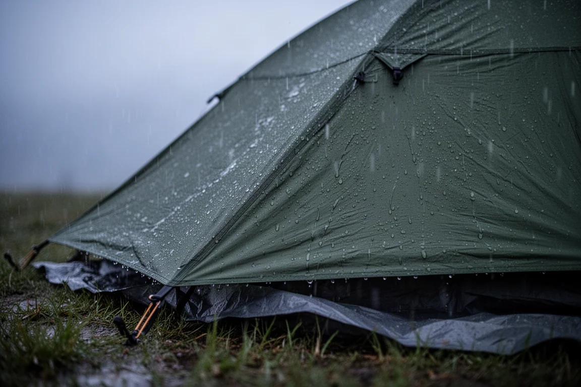 Regen perlt bei Dämmerung auf dem Überzelt eines kleinen Trekkingzeltes ab