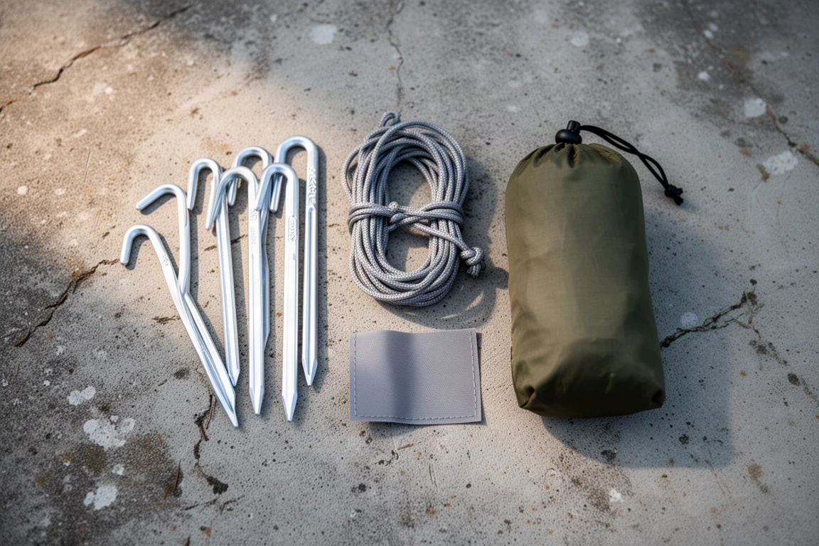 Flach ausgelegt: Zeltheringe, Abspannschnur, Packsack und Reparaturflicken auf Beton