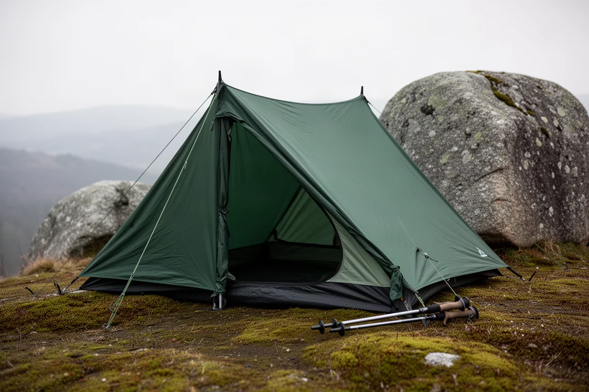 Tenda leggera da backpacking con sovratelo verde scuro montata su terreno muschioso accanto a un masso di granito