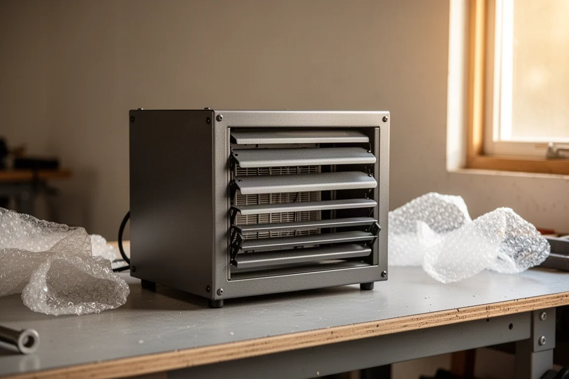 Compact garage heater resting on a workshop bench beside its packaging